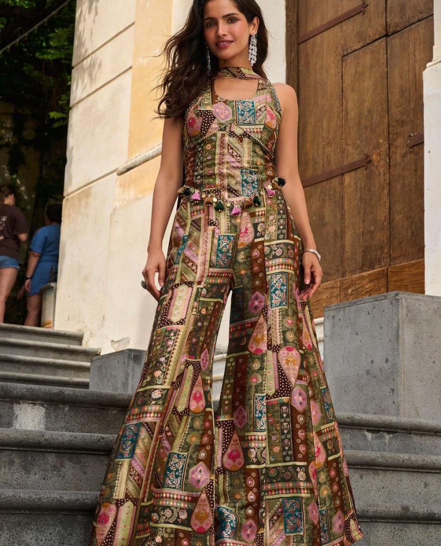MULTICOLOR - Multi Colour Digital Print Work Jacquard Silk Salwar Suit